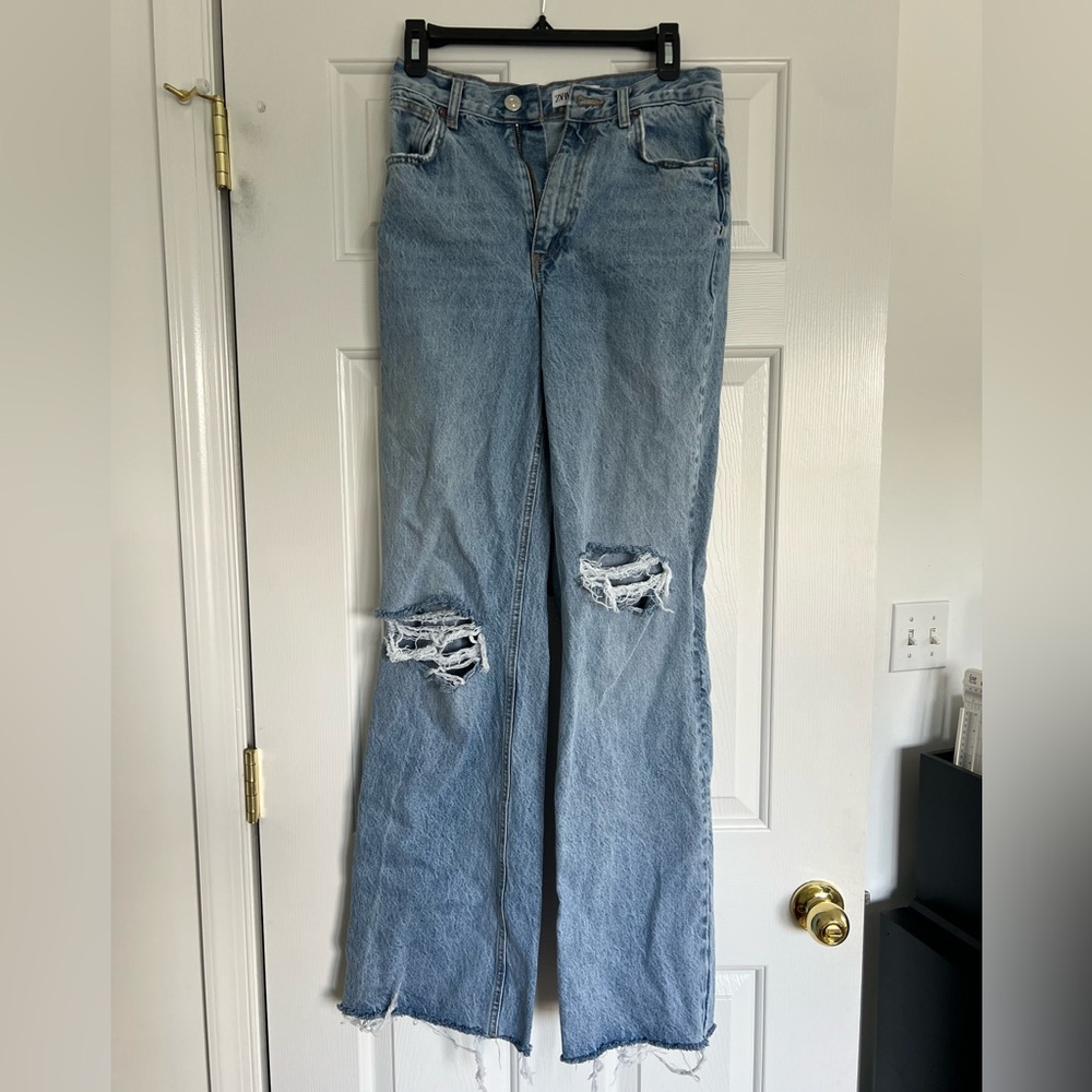 Zara Light Blue Distressed Wide-Leg Jeans size 4